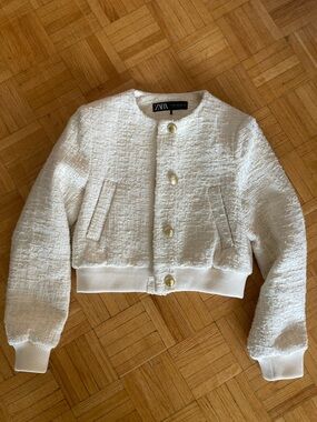 Zara Cream Textured Bouclé Bomber Jacket with Gold Buttons